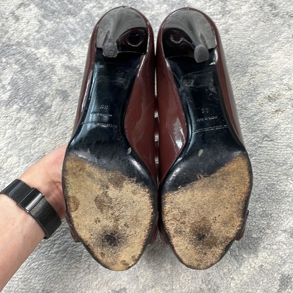 Burberry Peeptoe Ruffle Patent Leather Pumps Heels Burgundy Maroon Sz 39 - Picture 11 of 16